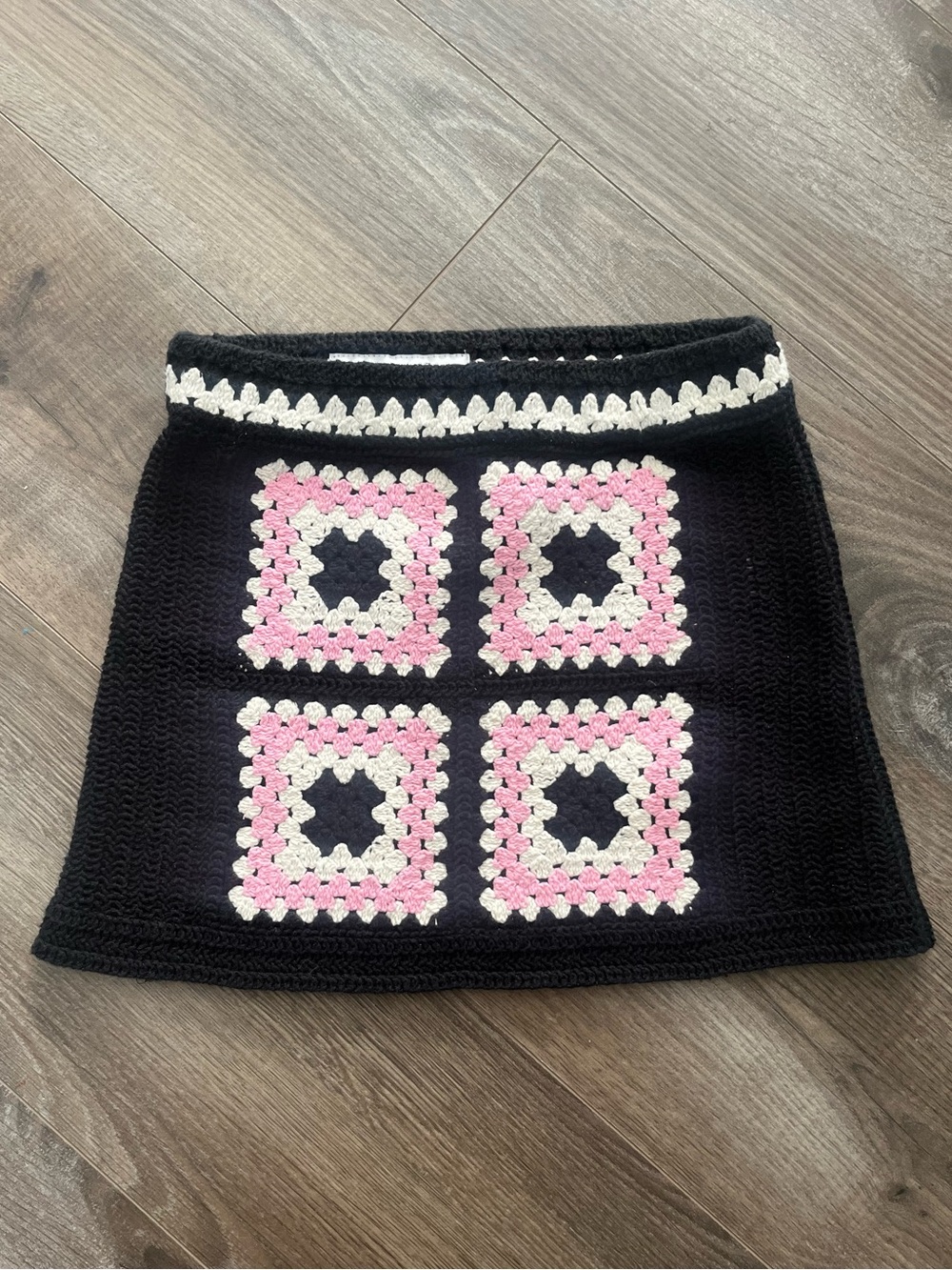 Zara Girl Black Crochet Mini Skirt with Pink & Cream Squares